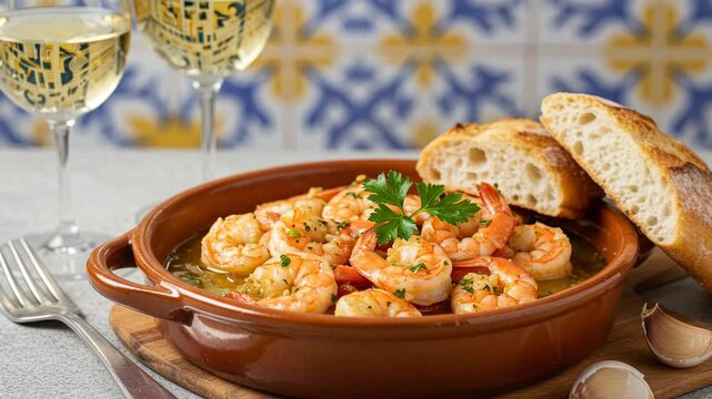 Garlic shrimp scampi gambas al ajillo tapas recipe with bread and white wine appetizer spanish cuisine