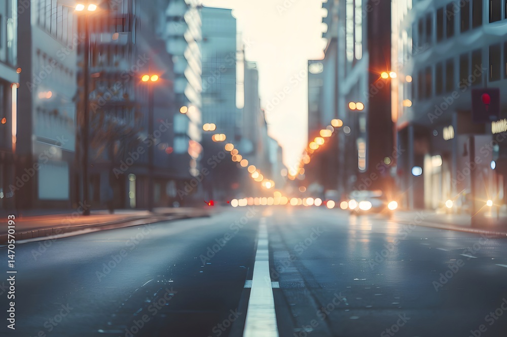 Poster 夕暮れの都市景観、青みがかった道路と暖かい街灯、交通量の多い街並み、建築物、車のライトと反射のある都会の風景
