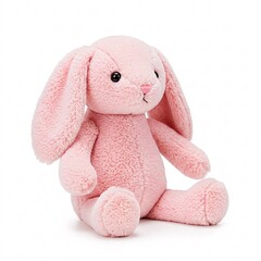 Pink plush toy bunny with long ears, sitting, isolated on a white