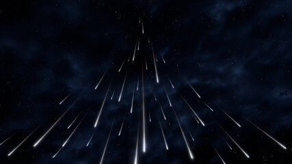 Lots of falling stars. A stream of meteorites. Freballs in the sky. Star rain on a black background. © Nazarii