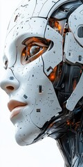Humanoid robot head profile close-up displaying futuristic mechanics, featuring intricate circuits and glowing orange accents, with white background