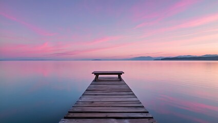 Fototapeta premium Serene Sunset Wooden Dock on Calm Lake at Dawn