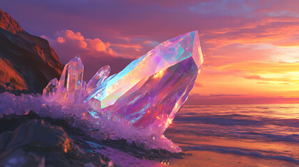 Iridescent crystal shard on a dramatic coast at sunset. [Crystalline Wilderness] | Enchanted Quartz | mystic shard. Illustration