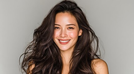 Fototapeta premium Portrait of a beautiful Asian woman with long brunette hair, smiling in elegance, isolated on background