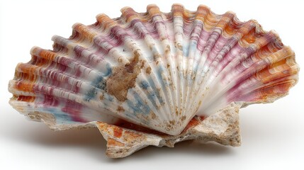 Obraz premium A scallop sea shell, delicate and textured, isolated on white background