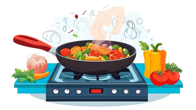 cooking vegetables in pan on stove clip art preview