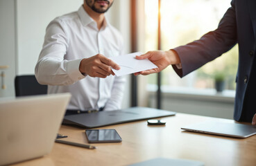 Business manager hands salary bonus to employee in office. Professional giving money in envelope. Financial reward, extra salary to happy worker, premium bonus, getting cheque from boss.