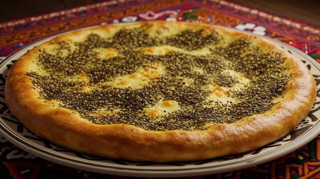 Delicious manouche zaatar flatbread lebanese food recipe on a plate middle eastern cuisine closeup shot
