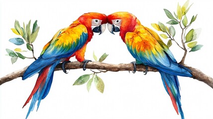 Obraz premium Colorful Parrots Isolated on White Background Watercolor Painting