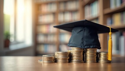 Academic cap atop stacks of coins. Represents student loans, educational finance, grants scholarships. Graduation, education, college concept. Higher education, financial aid, investment in future.
