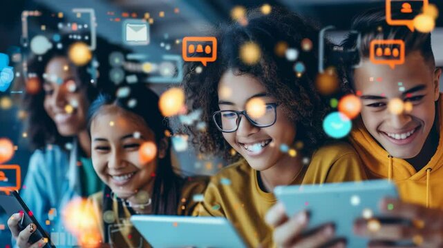 A cheerful group of diverse kids are using digital tablets. Bright holographic icons suggest a connected digital world. They are smiling and engaged, possibly learning or having fun with technology.