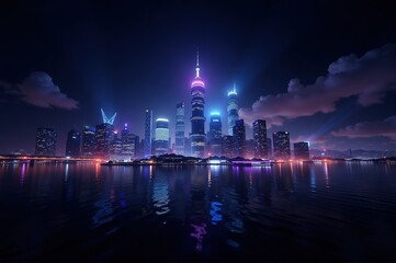 A nighttime city skyline with brightly lit skyscrapers reflecting on the water, ideal for urban development, cityscape, and nighttime ambiance themes.