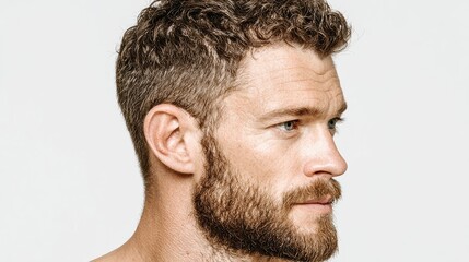 Obraz premium A profile shot of a handsome man with a short haircut, captured from the side, isolated on background