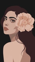Minimalist Vector Portrait of a Woman with Flowing Hair and Floral Accent Generative AI