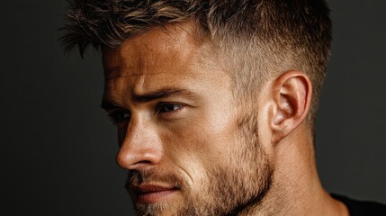 Obraz premium Portrait of a handsome man with a short haircut, side view, isolated on background
