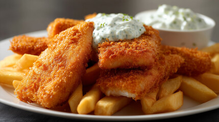 Crispy fried fish with tartar sauce and chips on plate