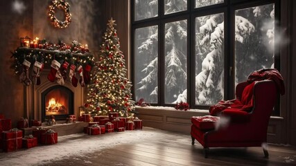 Cozy and festive Christmas living room interior with fireplace, decorated Christmas tree with ornaments and lights, stockings on the mantel, wrapped gifts and light falling snow. - Powered by Adobe