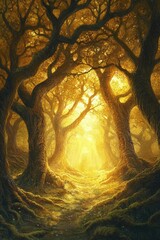 sacred grove of ancient oak trees, their twisted branches reaching skyward in a cathedral-like canopy