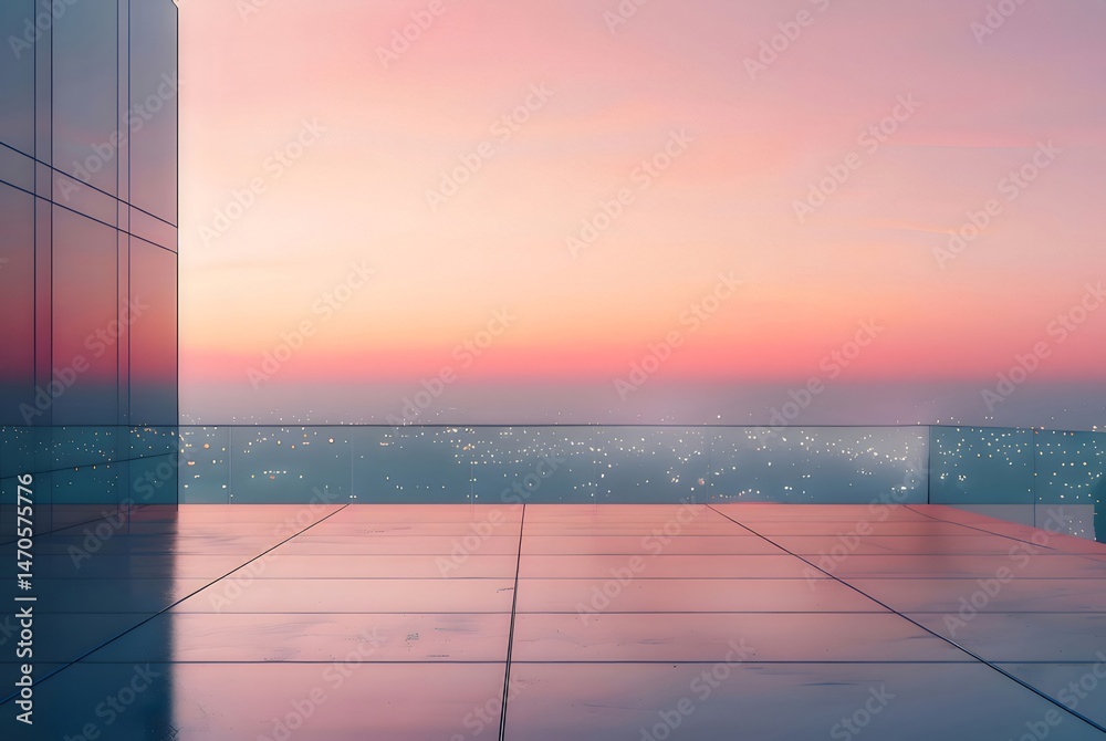 Poster ピンク色の空と都市の夜景を望む現代的な展望台テラスからの眺め 高層ビルがシルエットになり 穏やかな夕焼けの反射が美しい