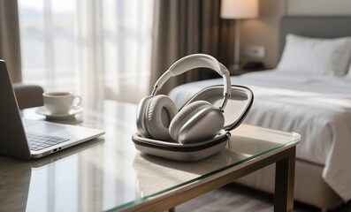 Premium Bluetooth Headphones with Travel Case on Hotel Desk with Laptop, Coffee and Elegant Bedroom View