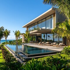 Stunning ocean view from modern villa with infinity pool at sunset high resolution picture
