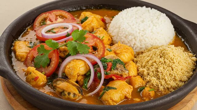 Delicious brazilian moqueca seafood stew recipe with rice and farofa for a tasty and healthy meal