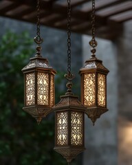 Ornate hanging lanterns, illuminated