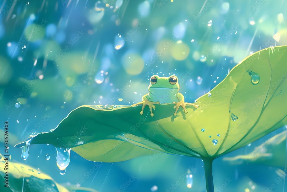 Poster 緑豊かな背景に蓮の葉の上の緑色のカエルが雨の日に水滴に囲まれているのどかな画像