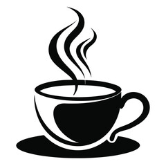 Black coffee steams beautifully in a simple cup with saucer silhouette on white