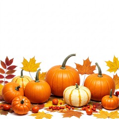 Obraz premium A group of pumpkins and autumn leaves
