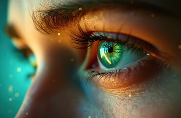 Close-up of engineer eye with data reflection. Green eye with eyelashes. Detail of engineering process. Visualizing data analytics. Innovation, tech, science. Information, analysis, optimization,