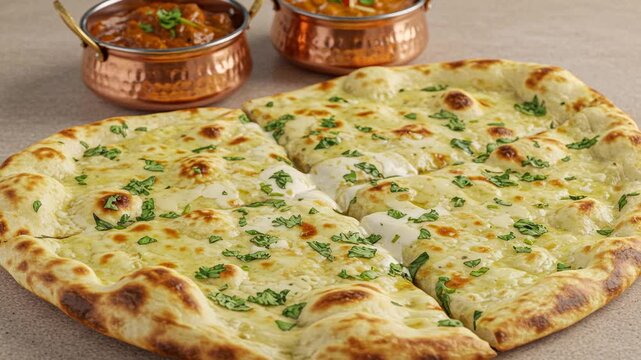 Delicious indian garlic naan bread with curry sauce for restaurant menu and food photography ideas
