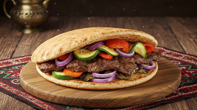 Delicious shawarma sandwich with beef and fresh vegetables food photography and middle eastern cuisine style