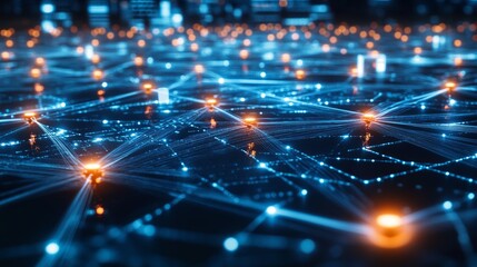 Abstract network digital connections futuristic technology background blue orange web data dark mesh