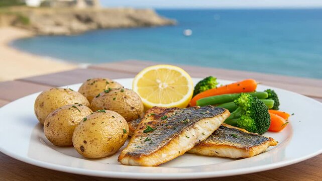 Delicious grilled sea bass recipe with potatoes and vegetables by the ocean background view