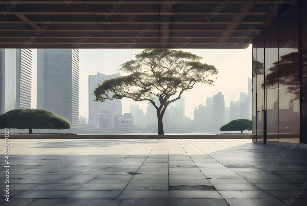 Poster 都市景観を望むミニマルなコンクリートの構造フレームと建築風景 夕暮れ時の高層ビルと木の静けさ