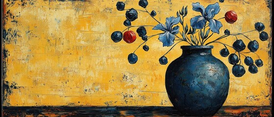 Blue vase with irises and berries against a textured yellow background