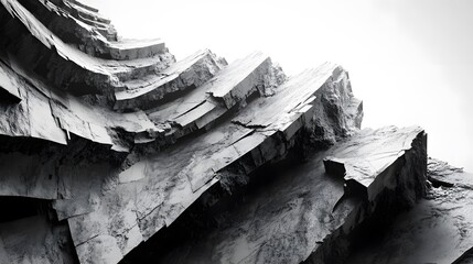 3D render of fractured, layered stone formation, creating a stark, geometric texture.