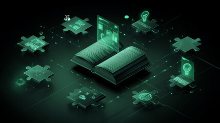 Open book with glowing green puzzle pieces, symbolizing knowledge, learning, and interconnected concepts, ideal for education or technology themes