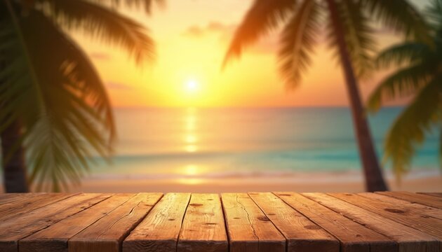 Empty wooden bar with sunset beach backdrop for product presentation. Coconut trees, soft light, space for brand display. Ideal advertising template for vacation resorts tropical resorts travel