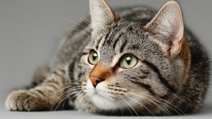 Gray tabby cat sitting, calm and content, isolated on background