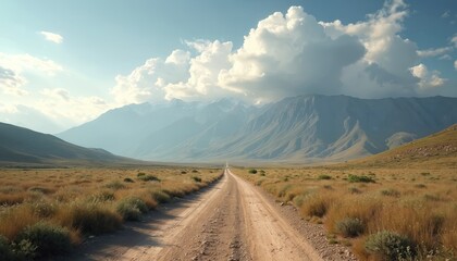 Obraz premium Scenic illustration of dirt road stretches through vast open landscape towards mountains. Picturesque rural scenery. Beautiful blue sky with fluffy white clouds creates peaceful vibe. Road trip