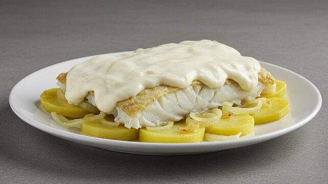 Delicious cod fish recipe with potatoes and creamy sauce served on a white plate for fine dining