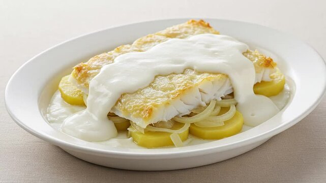 Delicious baked cod recipe with creamy sauce potatoes and onions for healthy home cooking dinner ideas