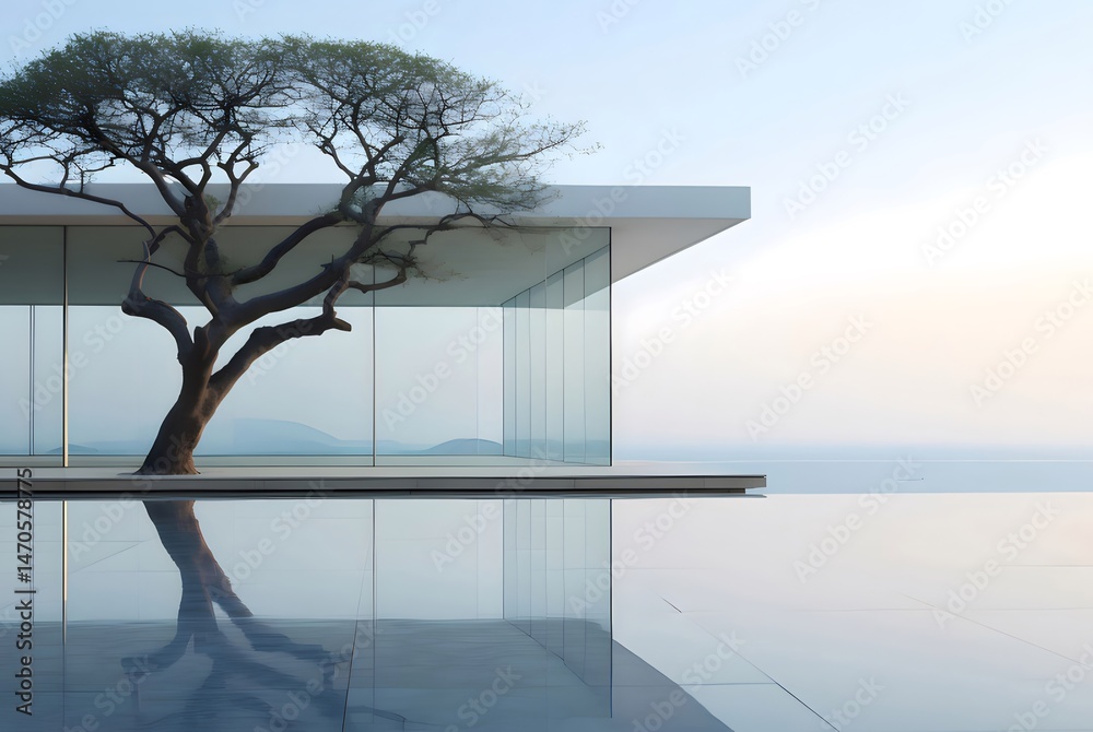 Poster ミニマリスト建築 白い建物と水面への木の反射 穏やかな青い空と海の背景