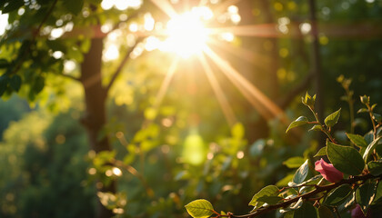 Obraz premium Sunlight illuminating blooming flowers in a lush green forest 