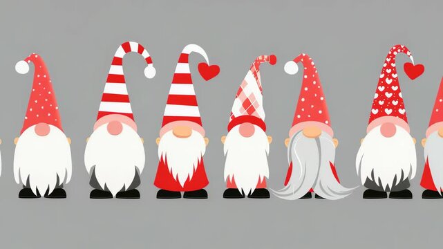 A collection of six gnomes lined up, each distinguished by their unique red and white hats. They all feature large, fluffy white beards and round, rosy cheeks, set against a gray background.