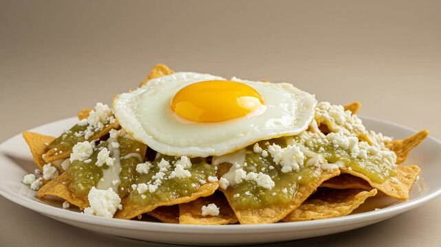 Delicious chilaquiles verdes recipe with fried egg and queso fresco for mexican food breakfast or brunch