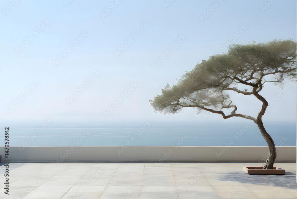Poster 明るい空と穏やかな海を背景にしたテラスの上の緑の木 青い空と静かな海の風景 石造りのテラスに植えられた木が特徴的な屋外写真