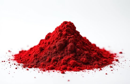 Heap of bright red kumkum powder isolated on white. Used in Indian traditional rituals for worship, applying bindi mark on forehead. Associated with good fortune, spirituality, religious practices.